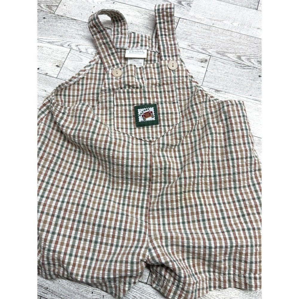 Vintage Carter's Safari Overalls Tan Green‎ Gingham Plaid Romper 18-24 Months